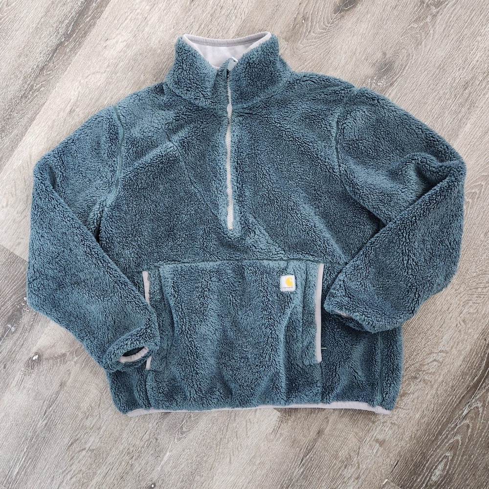 Carhartt Womens Sherpa Fleece Quarter Zip Pullover Green Loose Fit Medium 104922